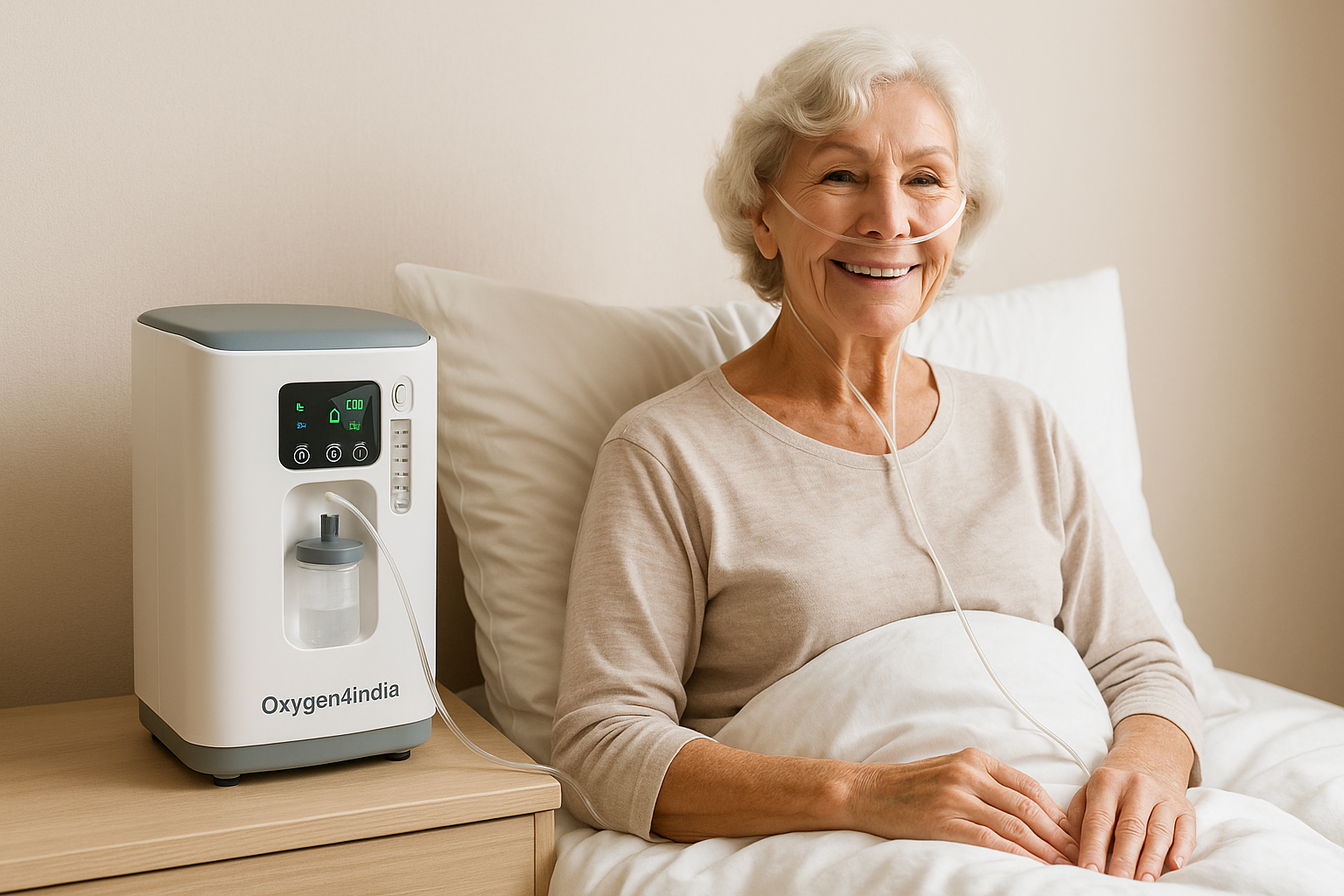 “An oxygen concentrator placed on a bedside table beside a smiling elderly woman using a nasal cannula — representing clean oxygen support for pollution-exposed individuals.”