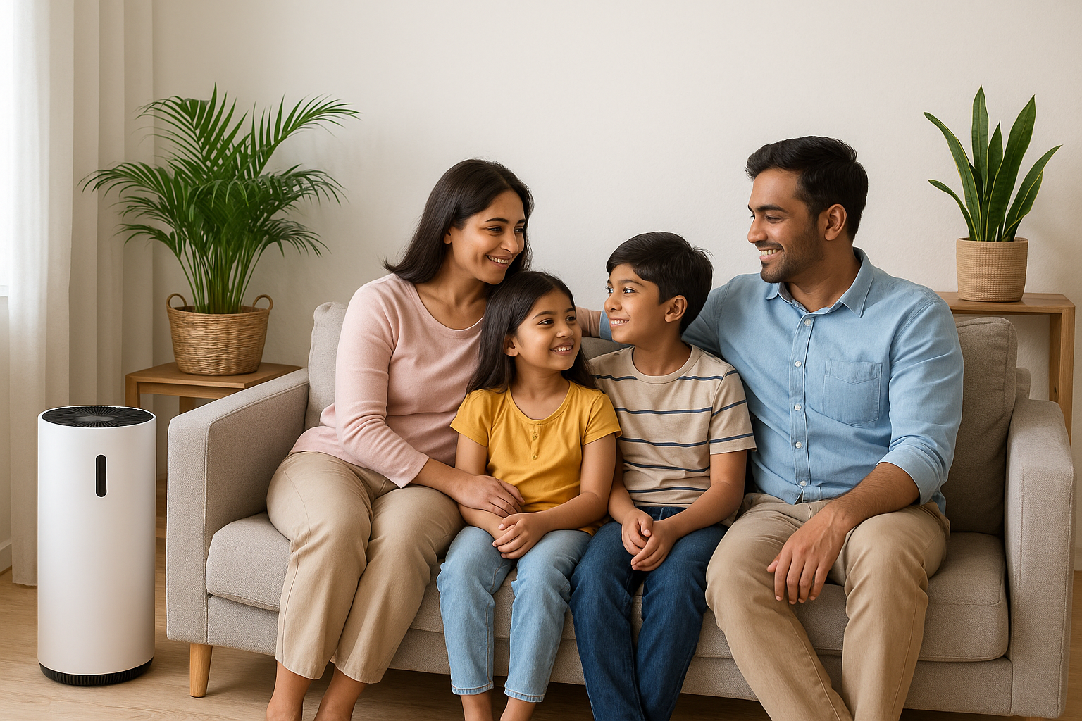 “An Indian family relaxing in a bright living room with plants and an air purifier — symbolizing clean indoor air and lung health.”