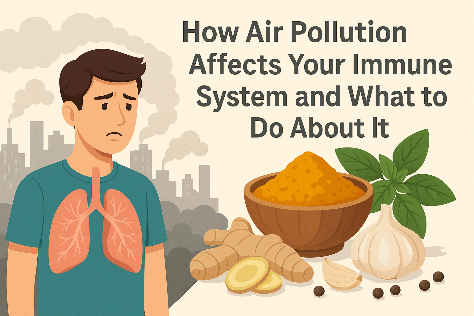 A 2D illustration depicting a man surrounded by city pollution on one side and natural immunity boosters like turmeric, ginger, basil, and garlic on the other, symbolizing the connection between pollution and immune health.