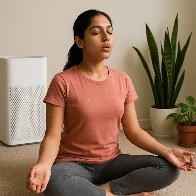 An Indian woman doing pranayama beside an air purifier and houseplants, symbolizing clean air, lung health, and pollution protection in an urban home.