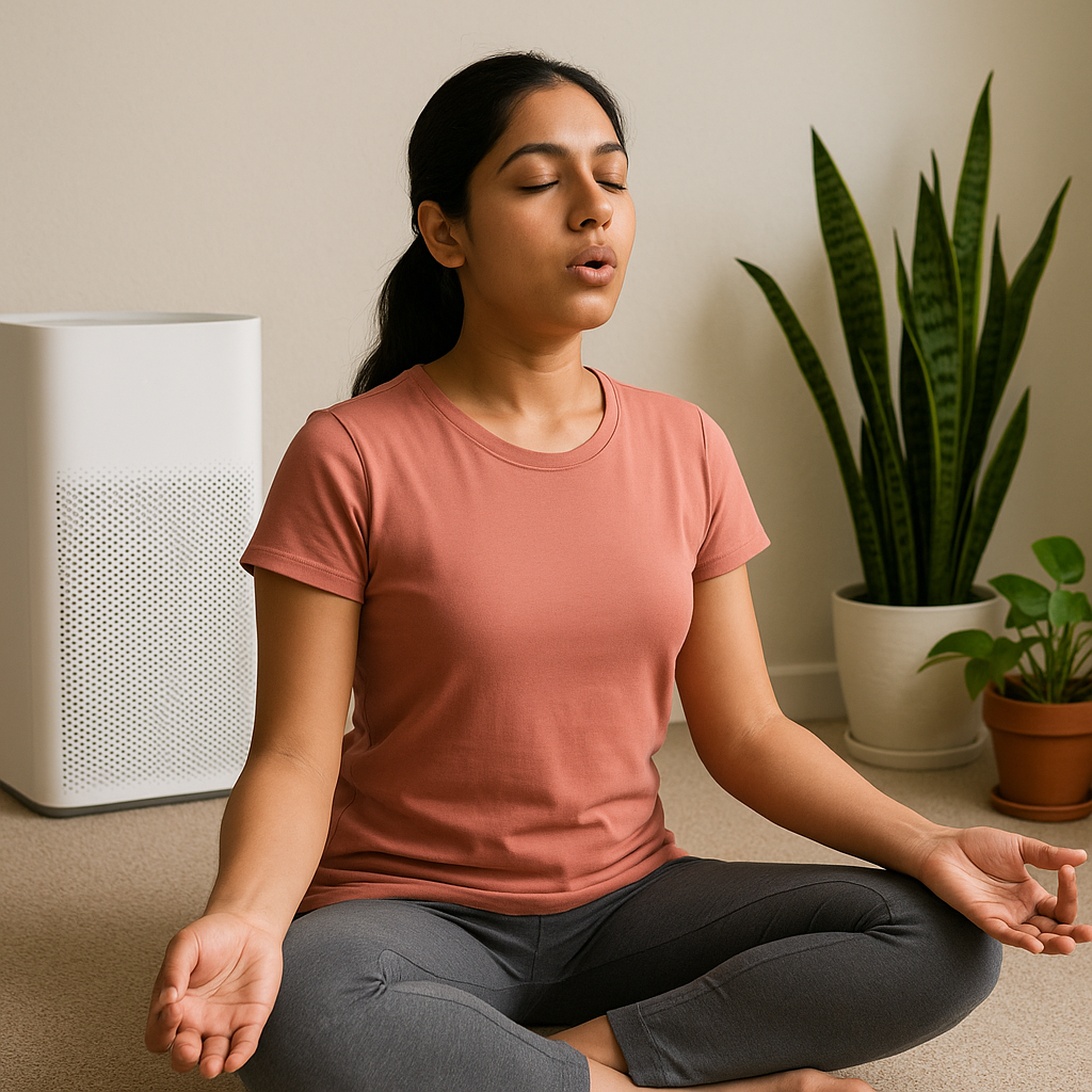 An Indian woman doing pranayama beside an air purifier and houseplants, symbolizing clean air, lung health, and pollution protection in an urban home.