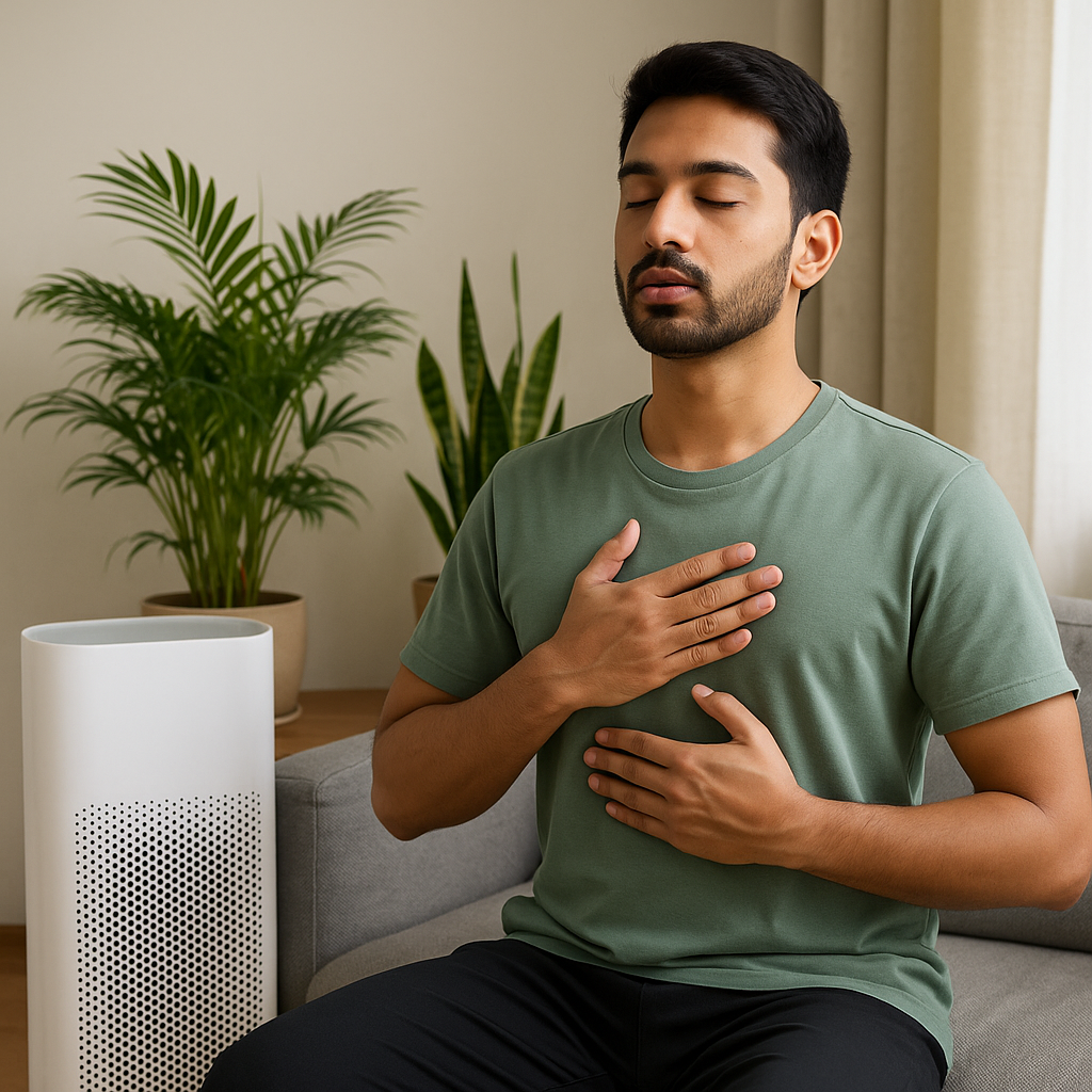 An Indian man practicing deep breathing near an air purifier and green plants, symbolizing lung strength, detoxification, and clean oxygen.