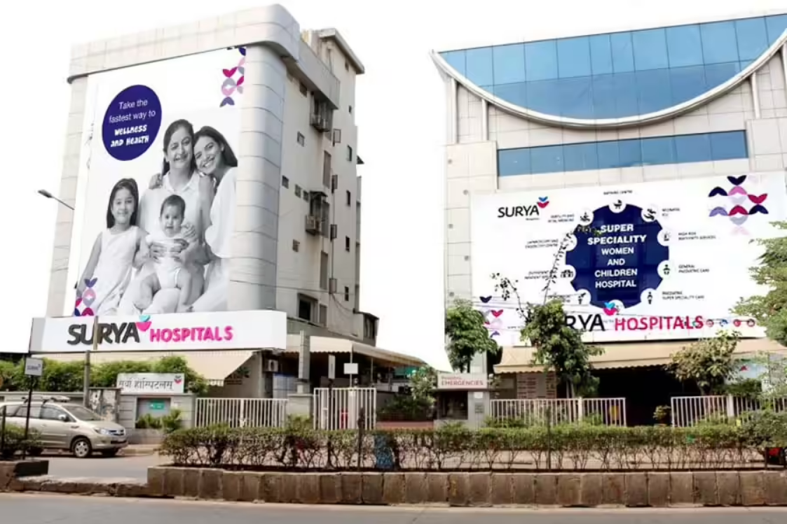 Exterior view of Surya Hospitals building showing women and children specialty healthcare facility