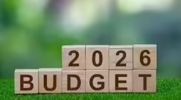 Budget 2026 concept showing wooden blocks spelling “BUDGET 2026” on green background