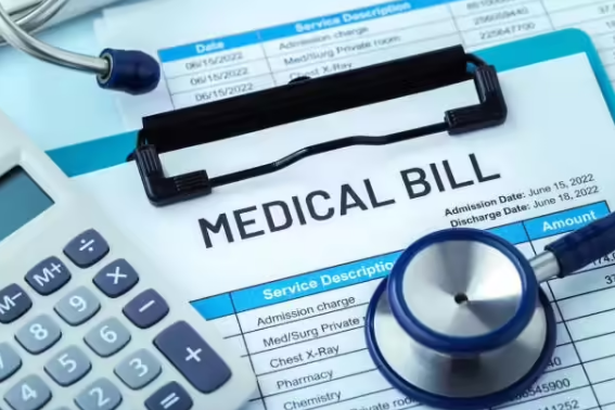 Medical bill document with calculator and stethoscope highlighting healthcare expenses and hospital charges