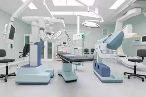 Modern modular operation theatre equipped with advanced surgical equipment and robotic medical technology