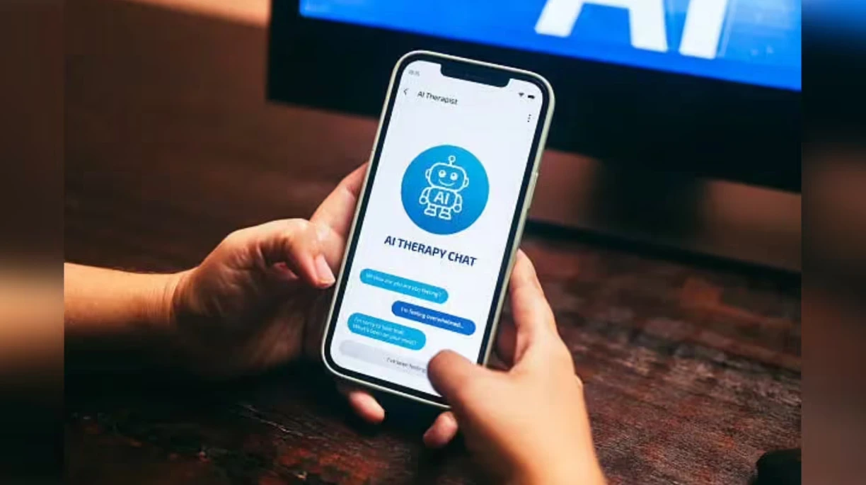 Person using AI therapy chatbot app on smartphone for mental health support