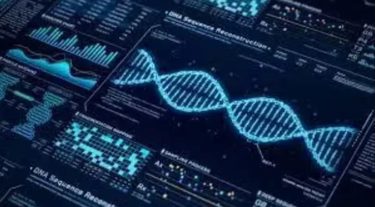 DNA double helix visualization with digital data interface representing genetic research, genomics, and biotechnology innovation