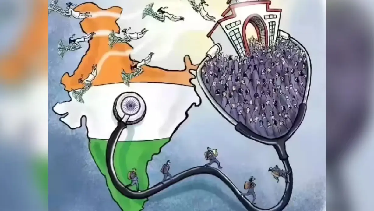 Illustration of India map with stethoscope and crowd representing healthcare system, population pressure and policy challenges