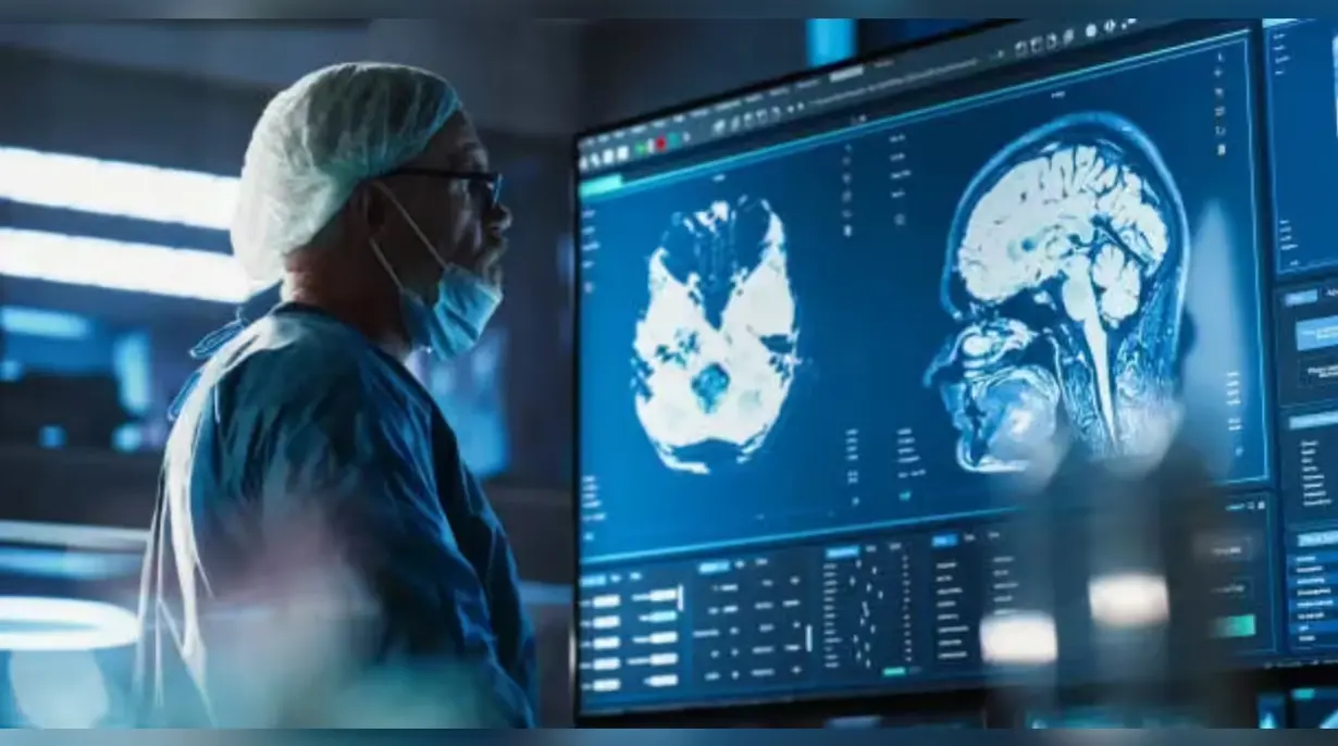 Doctor analyzing brain MRI scan on digital screen to study neurological impact and stroke risk linked to climate change